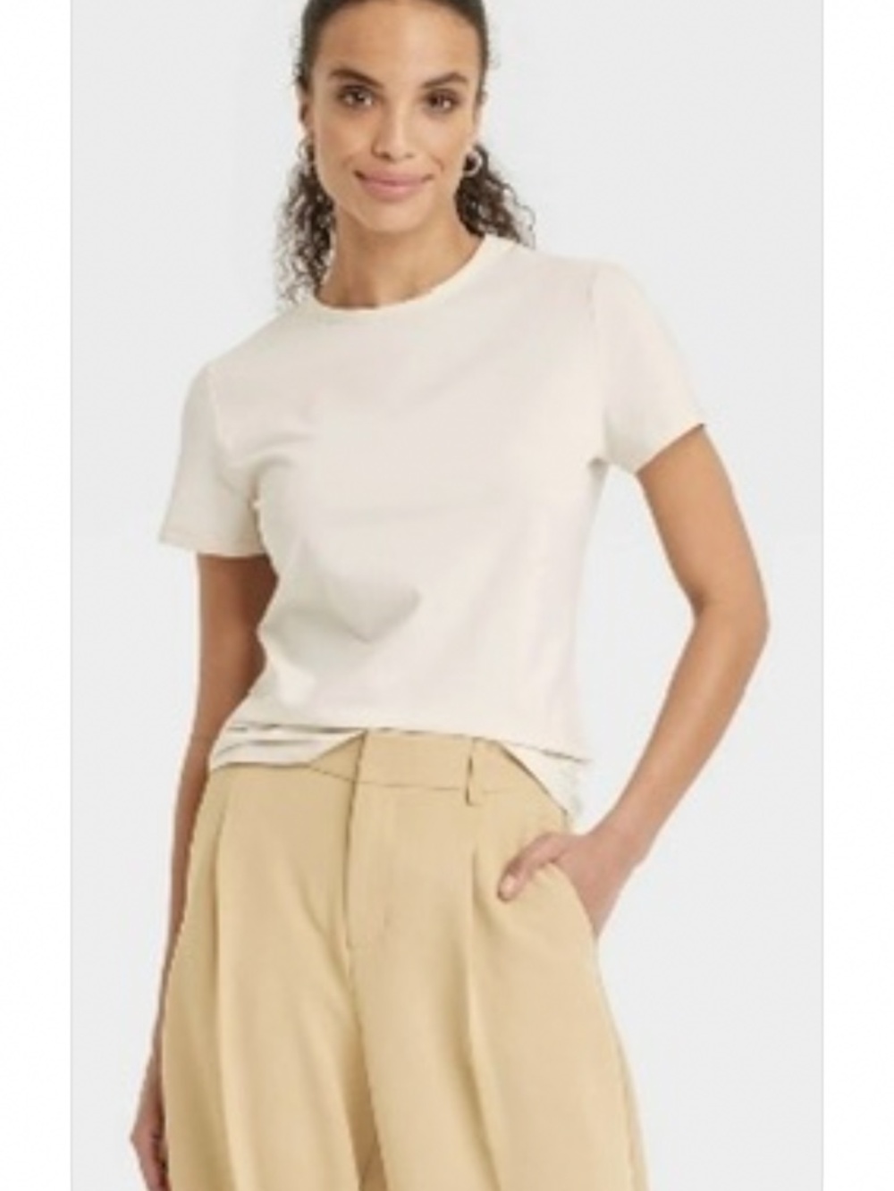 Women’s Short Sleeve T-Shirt - A New Day Cream L: Crew Neck, Jersey Fabric